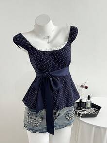 Elamini 女士藏蓝色波点方领蕾丝边腰部蝴蝶结短袖衬衫，适合海滩度假、野餐等场合，百搭实用 - 藏蓝色 - 查看 1
