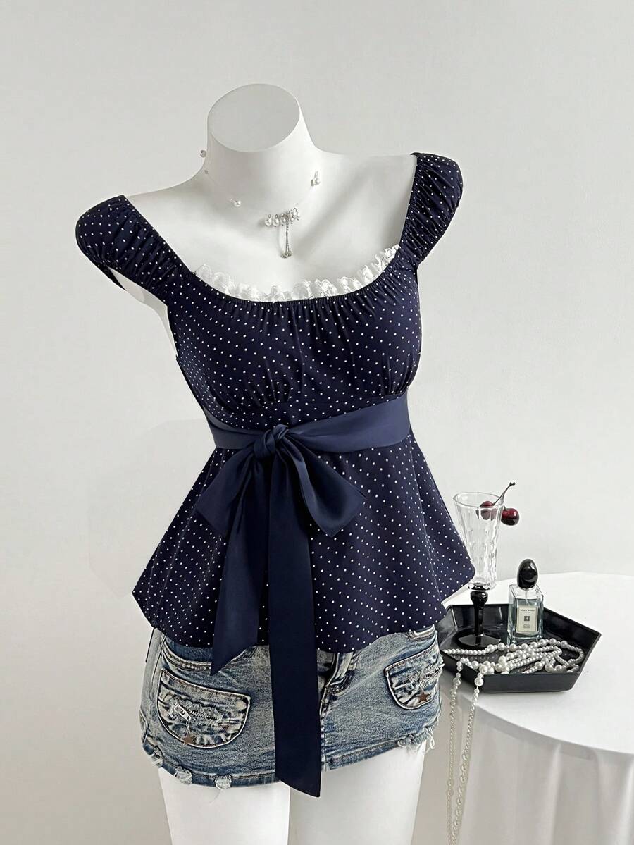 Elamini 女士藏蓝色波点方领蕾丝边腰部蝴蝶结短袖衬衫，适合海滩度假、野餐等场合，百搭实用 - 藏蓝色 - 查看 1