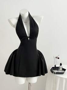 Elamini Vestido de linterna con pliegues, decoración de lazo y escote en V profundo, estilo retro dulce y picante para mujer - Negro - Ver 5