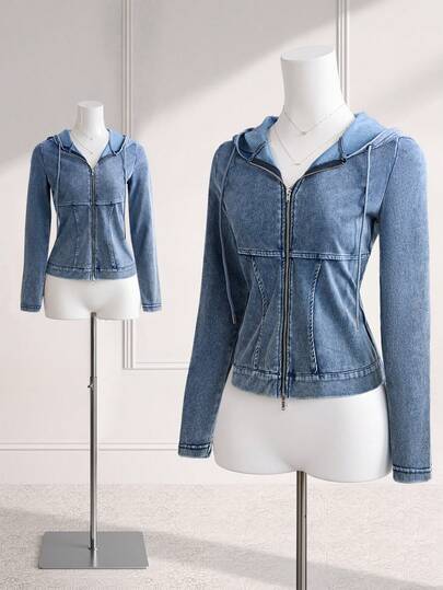 GlowEve Women's Solid Color Hooded Zip-Up Casual Long Sleeve Denim Jacket And Coat