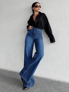 ZIRRA 女式休闲水洗高腰阔腿牛仔裤 - 深色水洗藍 - 查看 3