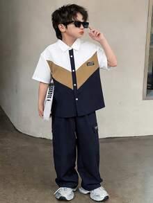 SHEIN 2pcs Kids/Tween Boys' Casual Comfortable Colorblock Short Sleeve Shirt And Solid Straight Pants Set - Multicolor - View 6