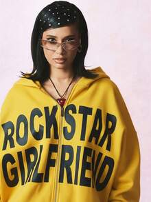 SUMWON WOMEN Oversized Hooded Sweatshirt With Zip Front And Bold Letter Graphics For Casual Comfort - Yellow - View 6