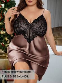 SHEIN EZwear Áo ngủ hai dây gợi cảm phối ren, eo khoét sâu, dành cho nữ cỡ lớn - Bụi hồng - Xem 3