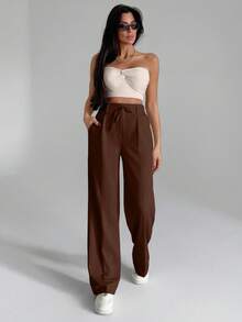 EURMUSE Women Solid Color Wide Leg Tie Front Detailed Pants - Mocha Brown - View 4