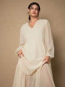SHEIN VCAY Plus Size Elegant Solid Color Notched Neck Long Dress, Suitable For Commuting Chiffon Dresses For Women Layered Dress Cream Dresses For Women - Beige - View 8
