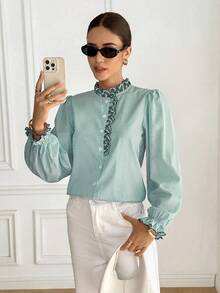 Serisse 女士条纹长袖休闲宽松纽扣衬衫 - 綠色 - 查看 4