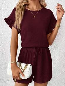 SHEIN Essnce 2pcs Women Short Sleeve Top & Elastic Waist Shorts Set - Maroon - View 4