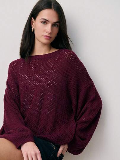 Nöista Plum Sweater, Open Knit Design, Relaxed Fit, And Ribbed Crew Neckline, Cuffs, And Hem. Perfect For Layering. Cozy , Spring, Oversized, Summer, Knit.