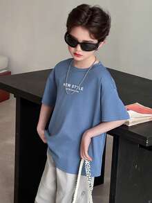 Dazy Kids Áo thun ngắn tay cổ tròn in chữ cho bé trai tuổi teen, kiểu dáng thường ngày, đa năng, thích hợp mặc mùa hè. - Màu xanh lam - Xem 3