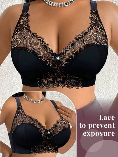 DesireSculpt 1pc Plus Size Lace Patchwork Wireless Bra