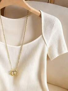 Franclia Women's Solid Color Square Neck Ribbed Short Sleeve T-Shirt - White - View 3