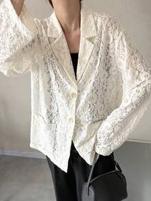 FRIFUL Women's Floral Lace Lapel NeckLong Sleeve Single-Breasted Elegant Blazer - White - View 1