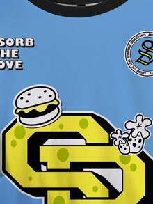 SpongeBob SquarePants | SHEIN Camiseta de manga corta con cuello redondo con estampado de letras y dibujos animados para hombres - Blanco - Ver 8