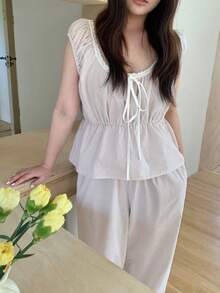 Dazy Plus Plus Size Women Striped Front Tie Top And Pants Pajama Set - Khaki - View 6