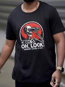 Heavens Edit 夏季黑色短袖骷髅图案 T 恤，趣味印花休闲百搭上衣模因印花 T 恤 - 黑色 - 查看 3