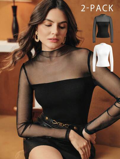 Anewsta 2 Pairs Elegant, Fashionable, Sexy Party, New Year, Date Night, Versatile Elastic Fitted Mesh Splice Long Sleeve Knit Multicolor Combination Women T-Shirt Tops, Spring/Summer