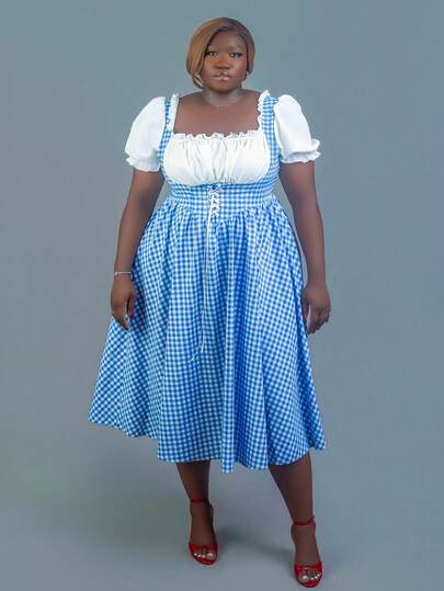 CurvyTilda Plus Size Summer Retro Blue Plaid Patch Dress For Women, Summer, For Hourglass Body Shape