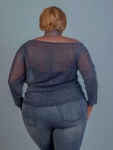 CurvyTilda 大码女式透明网眼宽松休闲衬衫 - 黑色 - 查看 2