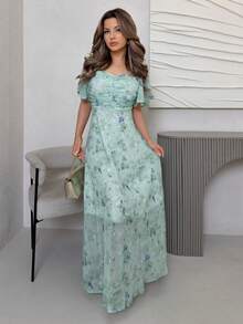 Jemour 女士雪纺蝴蝶蝙蝠袖褶饰可爱法式夏装 - 綠松石色 - 查看 4