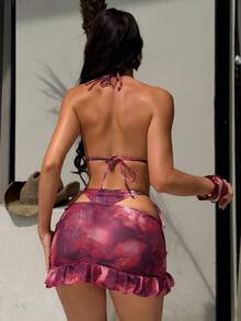 Swim SXY Set 3 piese: Top halter cu imprimeu tie-dye și mărgele, slipul de baie cu legături în față și set bikini mini-fustă - Multicolor - Vizualizare 2