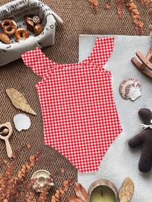 SHEIN 法式复古甜美可爱樱桃蝴蝶结，法式复古红色格子图案，红色系列，泳池写真，女童休闲简约修身吊带泳衣，适合夏季，热带印花，海滩度假亲子写真，母女装，第一次海滩之旅，暑假，美美泳衣，适合拍照发 - 彩色 - 查看 4