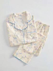 SHEIN 2件套女童碎花蝴蝶结装饰Polo领开衫和裤子休闲舒适宽松家居服套装 - 彩色 - 查看 1