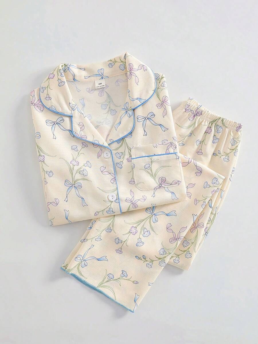 SHEIN 2件套女童碎花蝴蝶结装饰Polo领开衫和裤子休闲舒适宽松家居服套装 - 彩色 - 查看 1