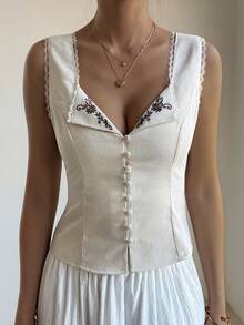 DAZY Women's Floral Embroidery Fitted Waist Open Front Elegant Summer Vacation Camisole - Apricot - View 7