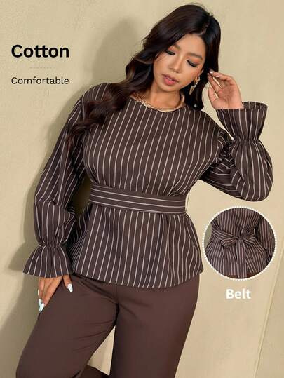 Auralis Brown Striped Cinched Waist Tie-Up Plus Size Shirt, Elegant For Commuting And Office Wear Mermaid Style Plus Size Pullover Top With Ruffle Sleeves Vintage Academic Style Plus Size Long Sleeve Shirt Brown 2 Piece Set Brown Striped Top Long Sleeve Top