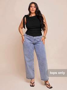 SHEIN BAE Plus Size Women Solid Texture Asymmetric Neck Knot Shoulder Tops For Spring Summer,Country Concert - Black - View 3