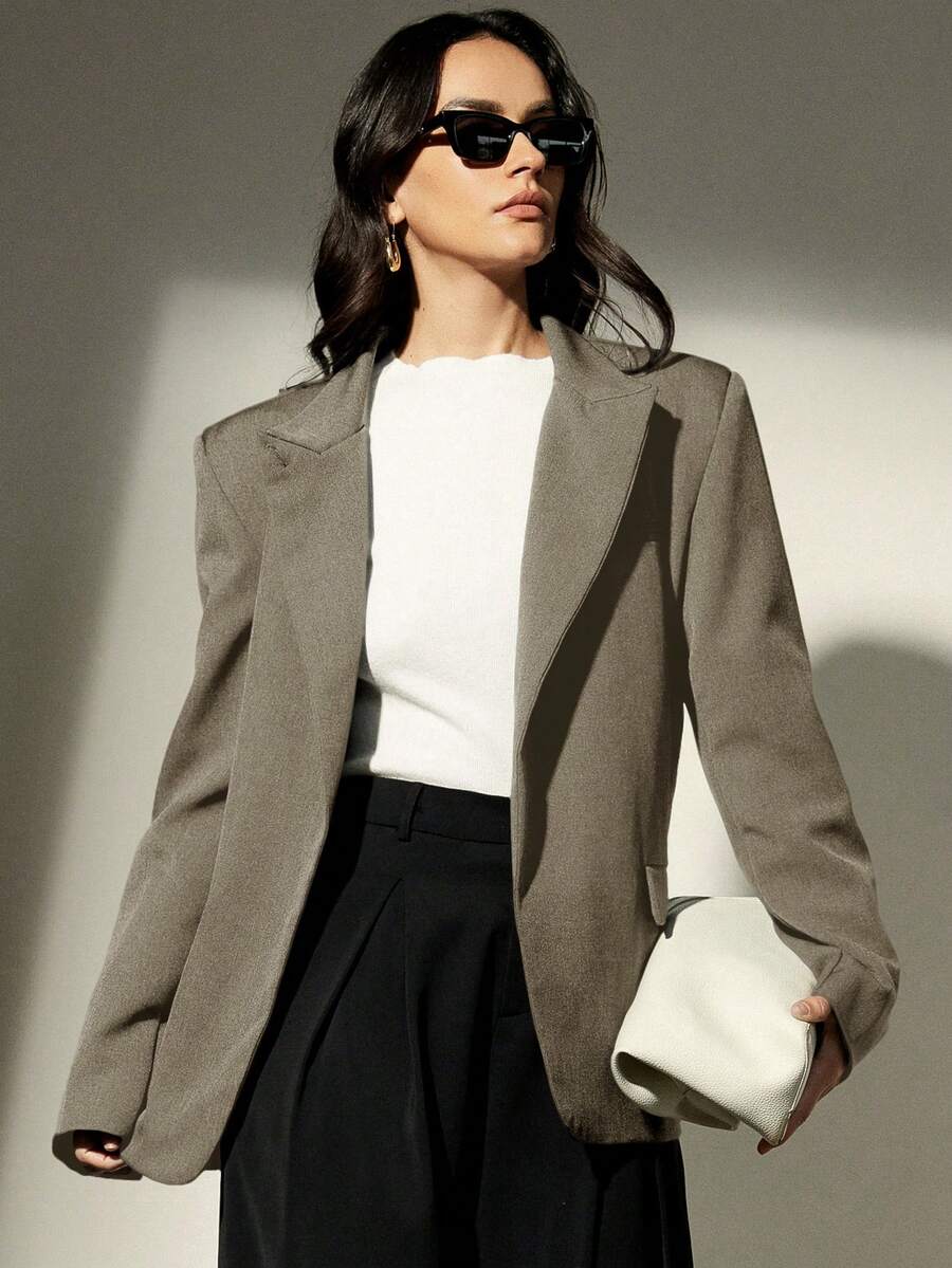 Aveloria Modichic Stand Collar Oblique Placket Blazer, Crafting A High-End Business Look - Grey - View 1