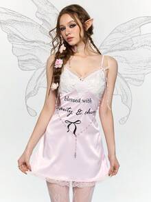 ROMWE Fairycore 女士缎面撞色蕾丝蝴蝶刺绣链条迷你连衣裙 - 彩色 - 查看 7