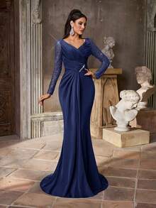 Aureia Elegante y lujoso traje de baño decorativo con parches de botones, perlas y lentejuelas, manga transparente de punto, falda de sirena fruncida, adecuado para boda, fiesta, vacaciones, vestido de gala (con mucho bordado) - Azul Marino - Ver 6