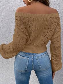 Almamuse Suéter corto de mujer con hombros descubiertos y mangas largas caídas - Camel - Ver 2