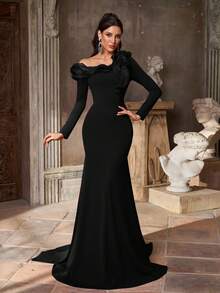 Aureia 优雅、浪漫、端庄、酒红色、弹力面料、欧根纱拼接、多层荷叶边、内置胸罩、鱼尾裙摆、拖地、时尚、节日、生日派对、婚礼、正式晚宴礼服 - 黑色 - 查看 5