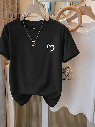 GlowEve Petite Camiseta de manga corta con cuello redondo y gráfico de corazón simple, versátil y casual, adecuada para uso diario