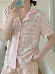 2件套女童休闲格子开衫短袖上衣和裤子睡衣套装 - 淺粉色 - 查看 7