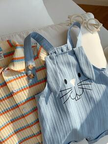 SHEIN 2pcs/Set Unisex Baby Casual Cute Holiday Knitted Colorful Striped Short Sleeve T-Shirt&Cartoon Rabbit Printed Blue Bib Pants Romper Set,Summer Sets - Multicolor - View 7