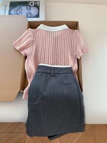 Lyxana Cárdigan de punto casual de mujer con solapa de color contrastante y manga corta de un solo botonadura - Rosa - Ver 2
