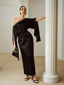 ZEYLAH Women's Asymmetrical Neckline Ribbon Design Sense Cloak Sleeve Cinched Waist Long Dress, Suitable For Party And Banquet - Black - View 7