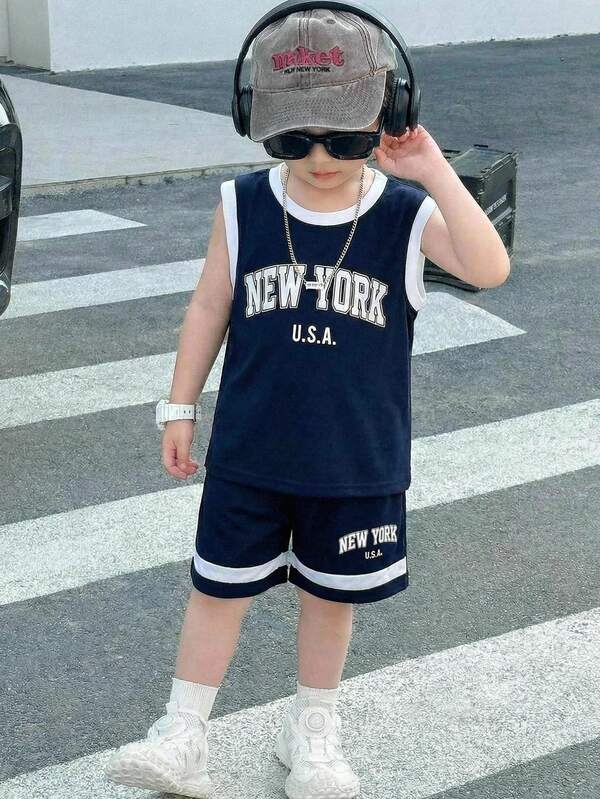 2-Pack Young Boys Casual Sports Vacation Letter Graphic Round Neck Short Sleeve Top And Contrast Color Shorts Set