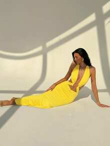 Aloruh Đầm trơn màu thanh lịch với chi tiết vòng tròn, thích hợp mặc thường ngày và dự tiệc. - Màu vàng - Xem 6