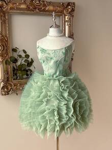 Lovelzi Elegant & Luxurious Wine Red Sequin Embroidery Mesh Puff A-Line Ballgown - Green - View 6