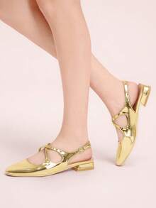 CUCCOO DOLLMOD Giày bệt Mary Jane trang trí nơ xinh xắn, màu mơ, mũi vuông, gót thấp, thích hợp đi làm, hẹn hò, dự tiệc, mua sắm, đi học, phong cách ngọt ngào. - Vàng - Xem 3