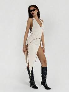 SHEIN ICON Conjunto de 2 piezas para mujer con escote profundo en V, bajo asimétrico, espalda descubierta, cuello de halter y falda con abertura y lazo - Beis - Ver 8