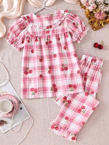 女童格子印花荷叶袖樱桃刺绣短袖上衣和裤子两件套休闲家居服 - 粉色 - 查看 2