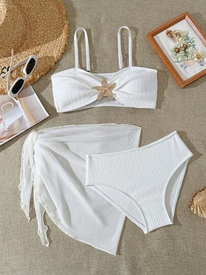 SHEIN Conjunto de bikini acanalado blanco con decoración de estrella de mar dorada para niñas preadolescentes, elementos dulces retro para vacaciones en la playa, artículo llamativo para niñas preadolescentes