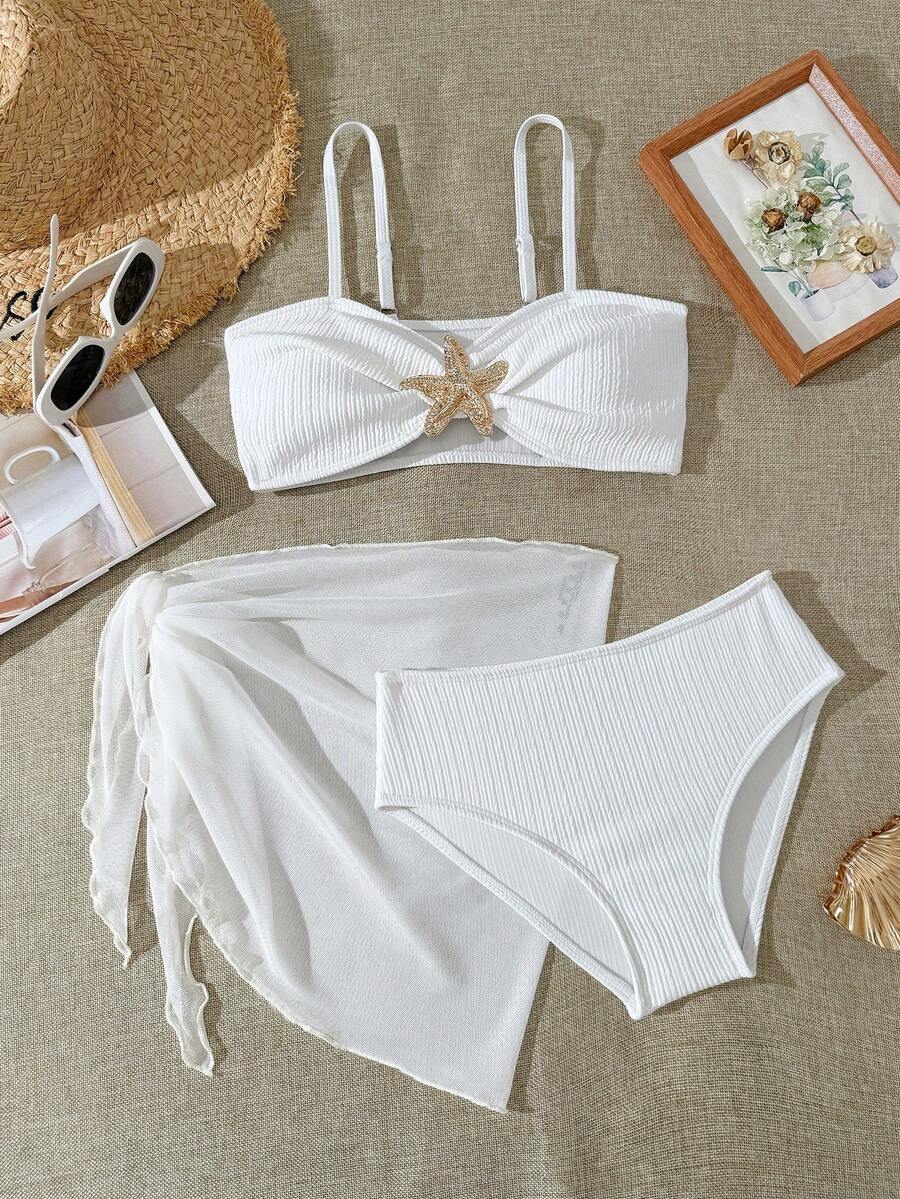 SHEIN Bộ bikini sọc trắng cho bé gái tuổi teen với họa tiết sao biển vàng, yếu tố ngọt ngào cổ điển cho kỳ nghỉ biển, món đồ bắt mắt cho bé gái tuổi teen - trắng - Xem 1