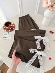 Sweetra Women's New Spring/Summer Casual, Work, Commute, Picnic Solid Brown Side Seam Ruffle Bow Design Collegiate Style Cute & Versatile Women Pants - Coffee Brown - View 6